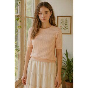Croft & Barrow Women’s M Peach Cable Knit Short Sleeve Sweater 100% Cotton